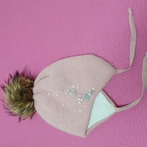 Wool raccoon pompom winter hat for girls size 6-10 years old